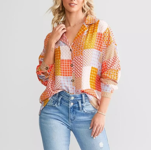 Rose & Olive Tops - Rose & Olive Abstract Patchwork Gorgeous Button Up Collared Blouse Plus 2X